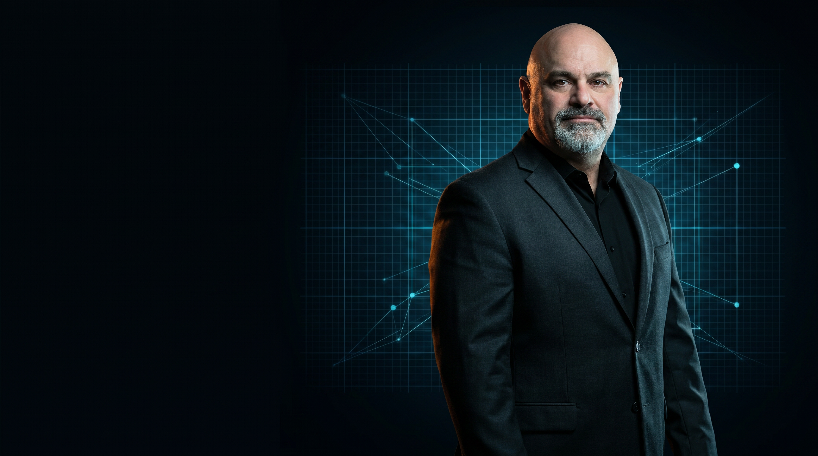 Simon Le Comte, standing before a luminous network of connected nodes.